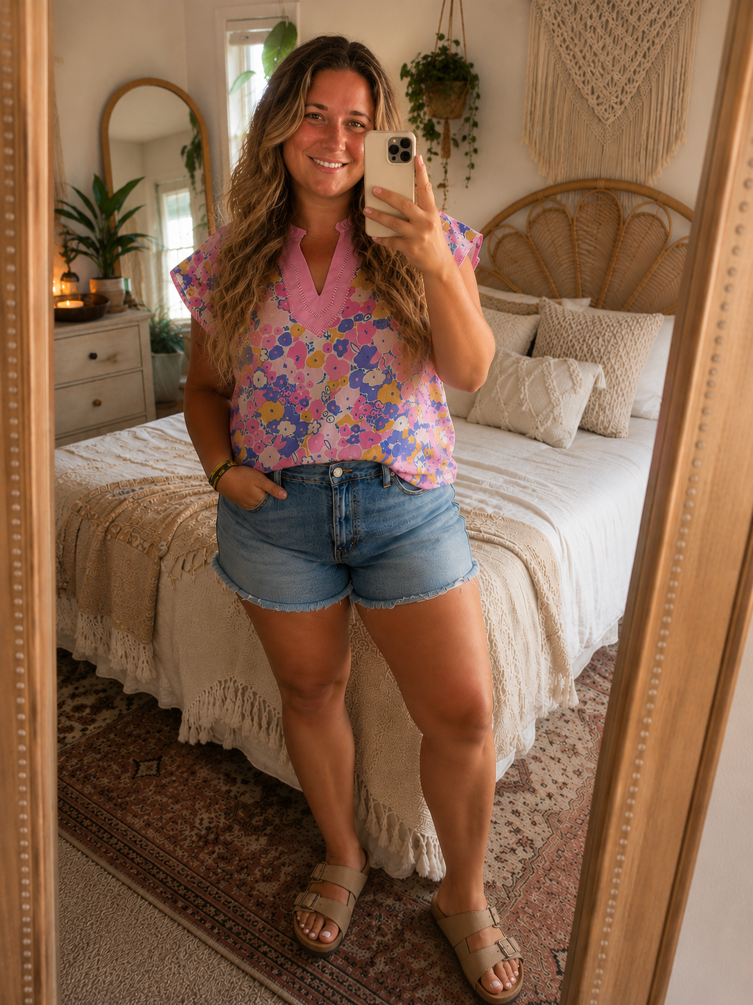 Floral Striped Color Neck Flutter Sleeve Blouse