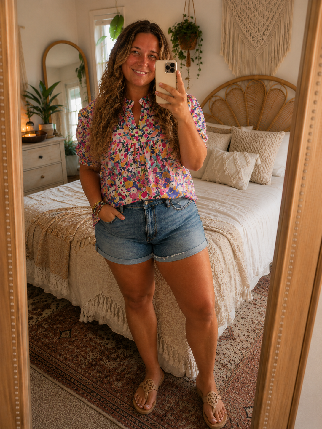 Flower Print Frilled Collar Short Puff Sleeve