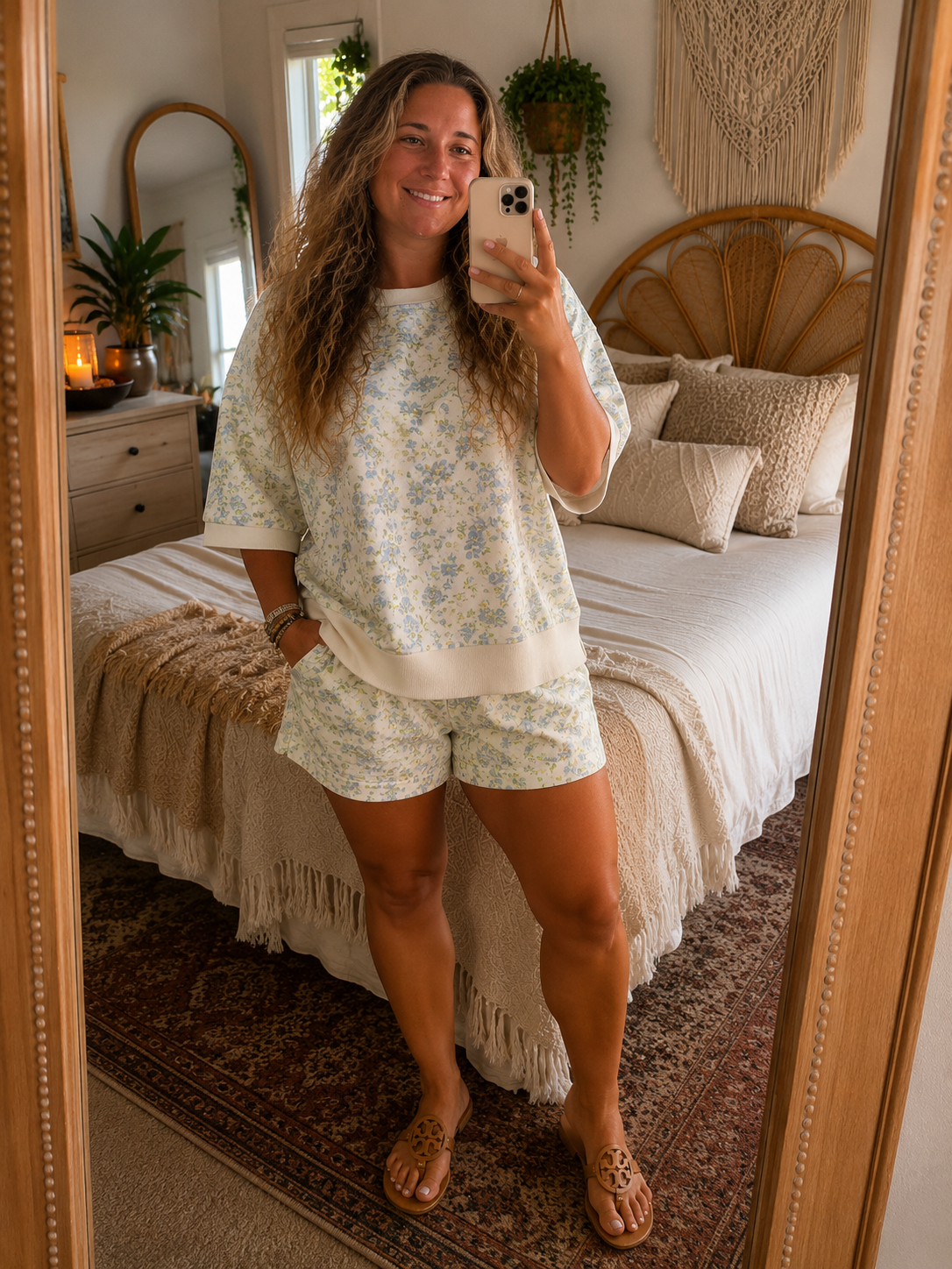 Floral Print Long Sleeve Shift Top Pocketed Shorts Set
