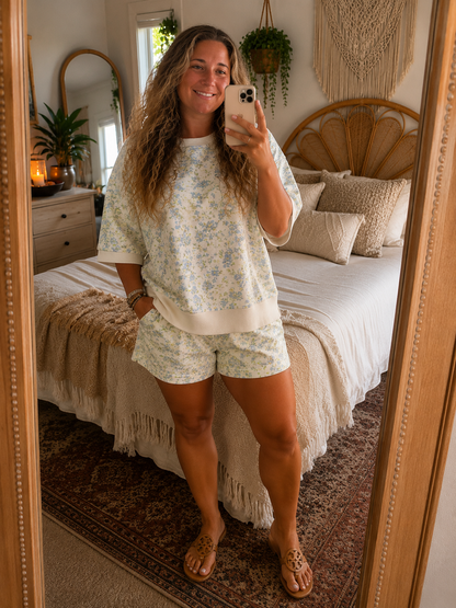 Floral Print Long Sleeve Shift Top Pocketed Shorts Set